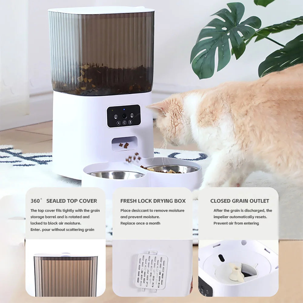 5L Smart Automatic Pet Feeder with Camera – Dual Bowls, HD Video, Voice Recording & App Control for Cats & Dogs
