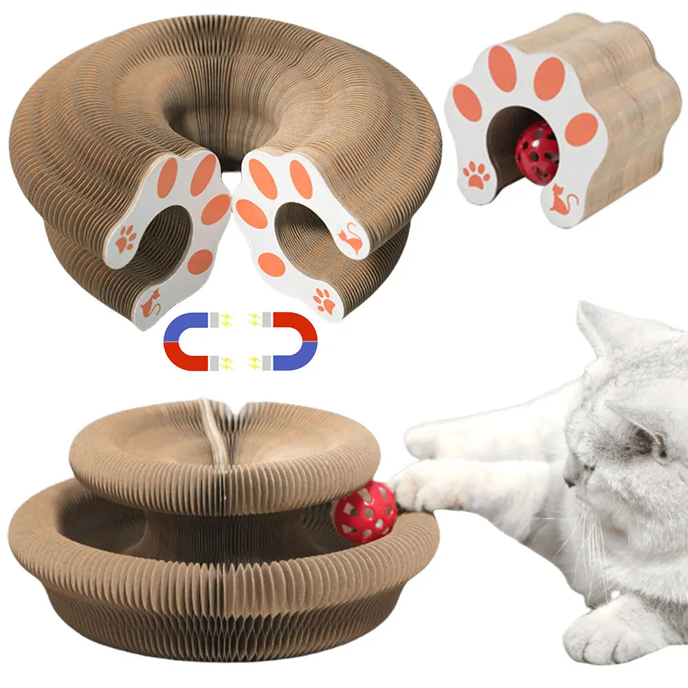 Magic Organ Foldable Cat Scratching Board – 2-in-1 Corrugated Scratcher & Tunnel Toy with Bell Ball
