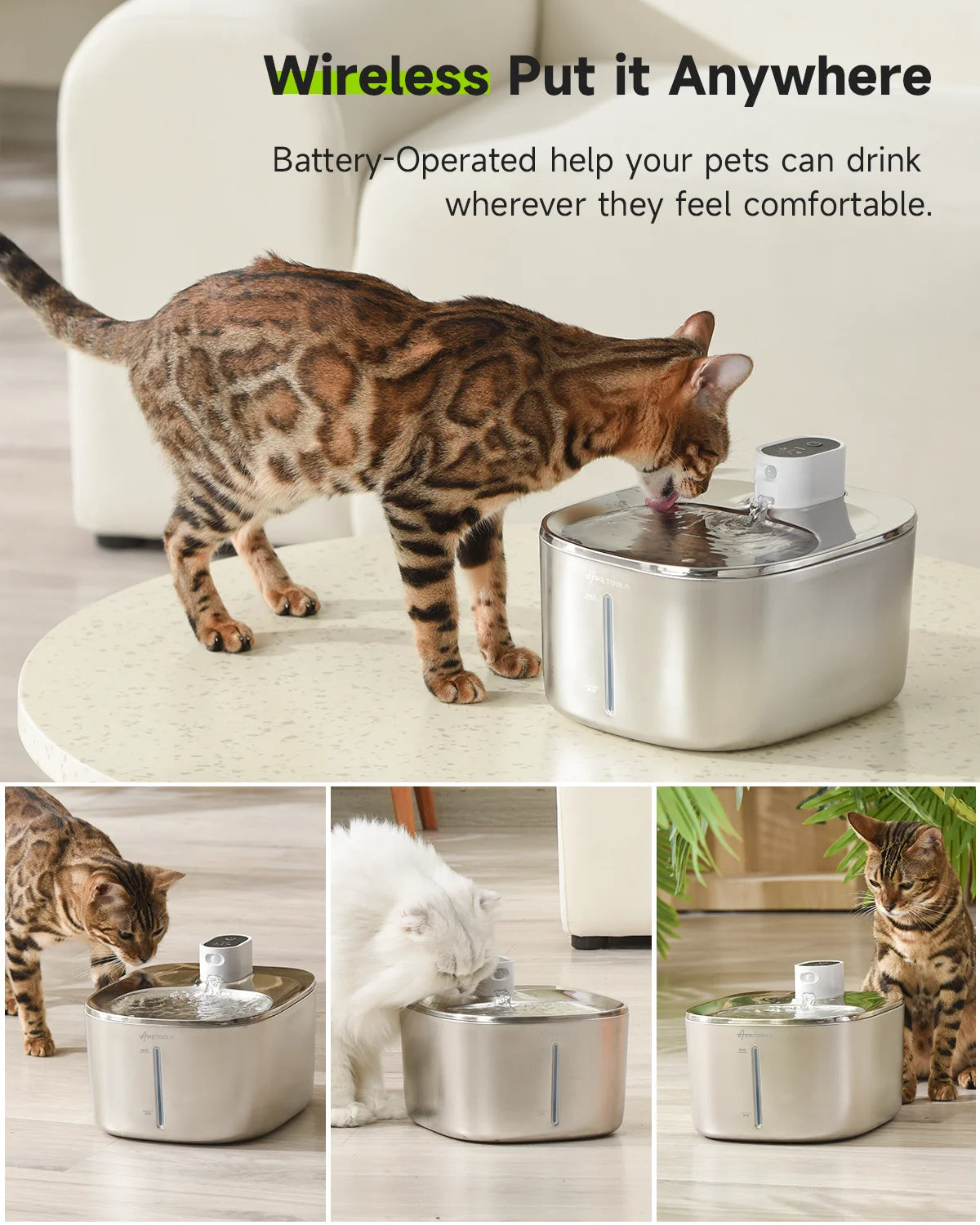 APETDOLA 4L Wireless Stainless Steel Cat Water Fountain with Motion Sensor & Rechargeable Batt