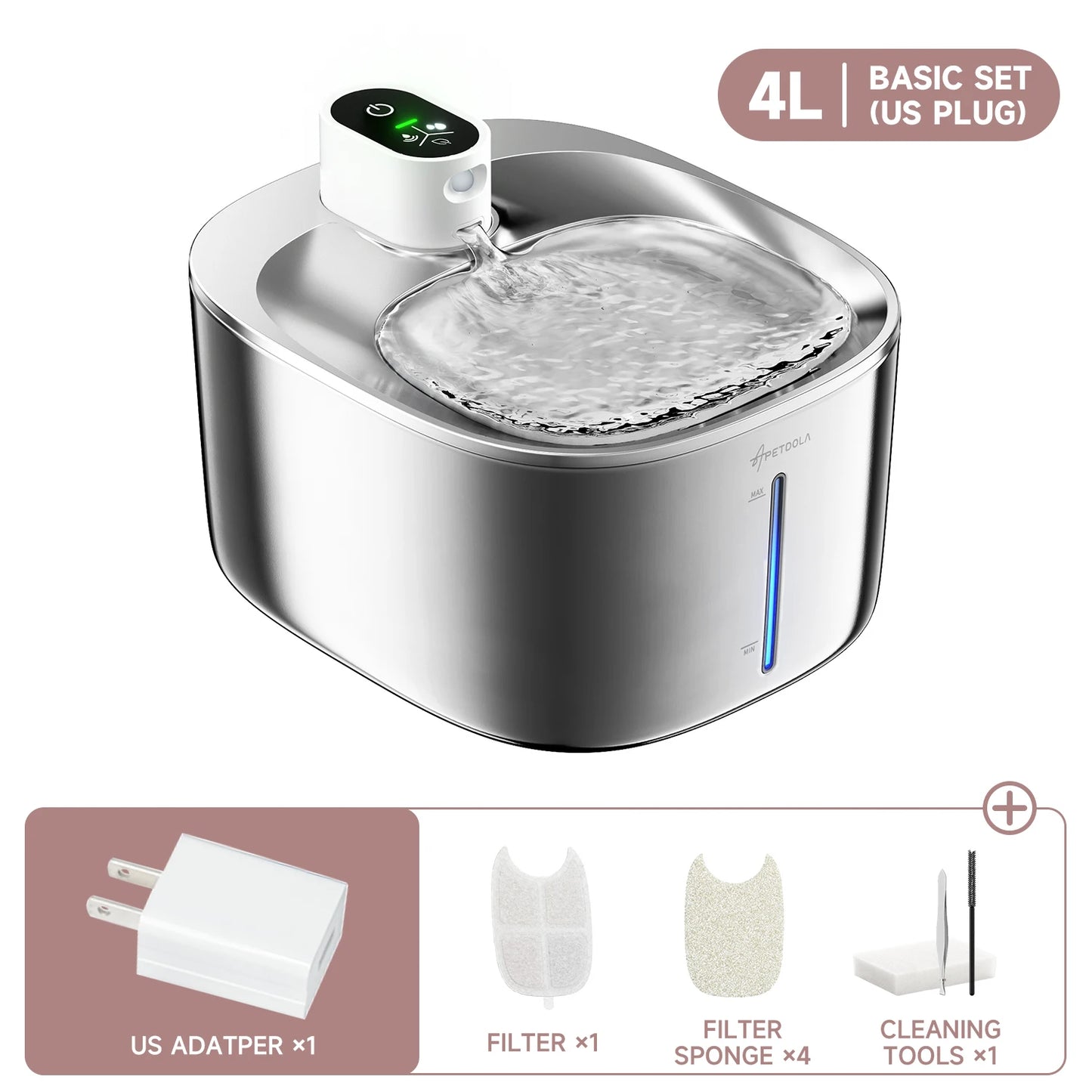 APETDOLA 4L Wireless Stainless Steel Cat Water Fountain with Motion Sensor & Rechargeable Batt