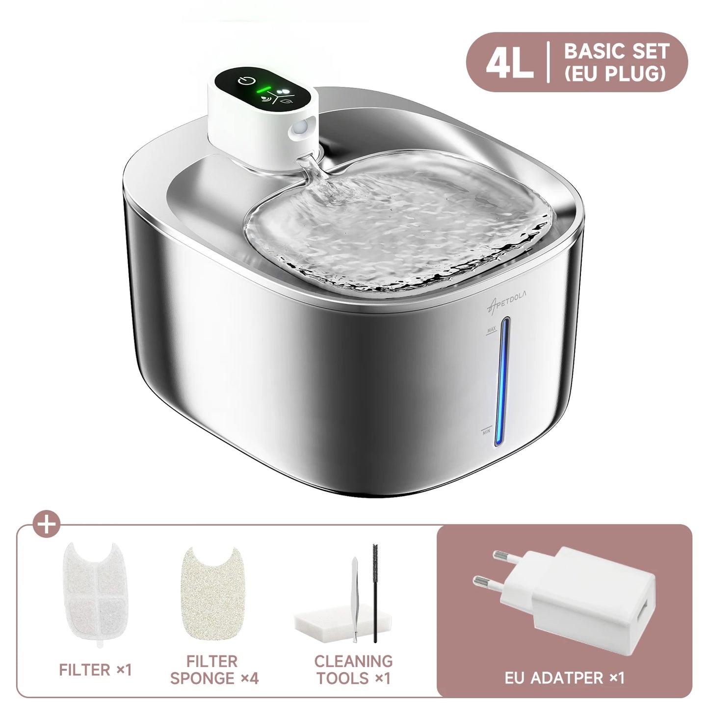 APETDOLA 4L Wireless Stainless Steel Cat Water Fountain with Motion Sensor & Rechargeable Batt